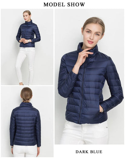 Parka para baixo empacotável feminina, jaqueta puffer empacotável, casaco casu