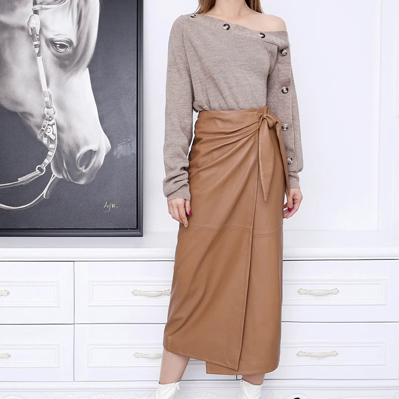 Leather Wrap Skirt Women 2024 Winter Female European Real Soft Lambskin 80 cm Lo