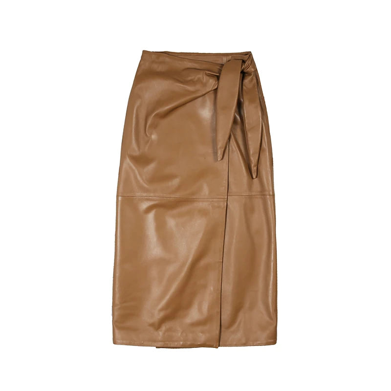 Leather Wrap Skirt Women 2024 Winter Female European Real Soft Lambskin 80 cm Lo