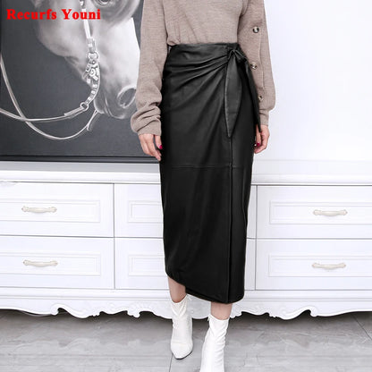 Leather Wrap Skirt Women 2024 Winter Female European Real Soft Lambskin 80 cm Lo