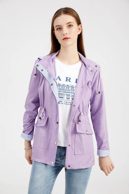 Purple Hooded Jacket for Spring 2024 Women's Office Fashion Women Outerwear Hat