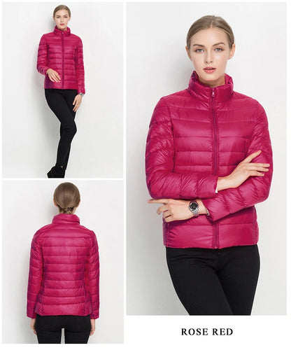 Parka para baixo empacotável feminina, jaqueta puffer empacotável, casaco casu