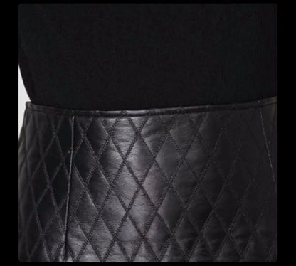 Quilted black genuine leather skirt women slim split pencil skirt faldas jupe sa