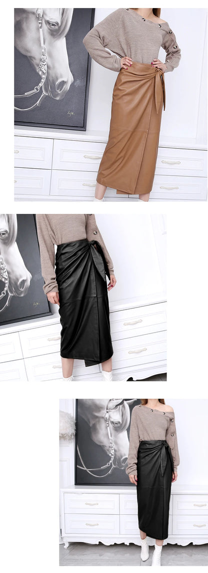 Leather Wrap Skirt Women 2024 Winter Female European Real Soft Lambskin 80 cm Lo