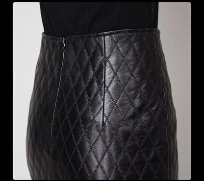 Quilted black genuine leather skirt women slim split pencil skirt faldas jupe sa