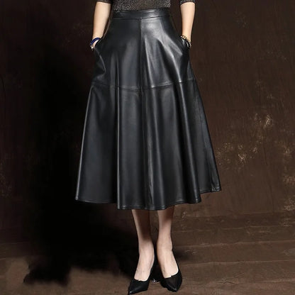 Elegant Ladies Vintage Ball Gown Mid Calf Long Skirt Sheepskin Genuine Leather S