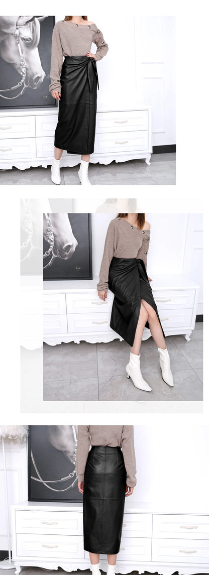 Leather Wrap Skirt Women 2024 Winter Female European Real Soft Lambskin 80 cm Lo