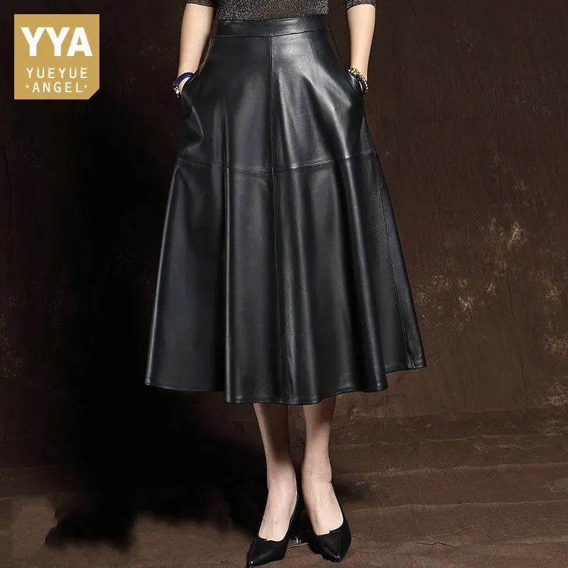 Elegant Ladies Vintage Ball Gown Mid Calf Long Skirt Sheepskin Genuine Leather S