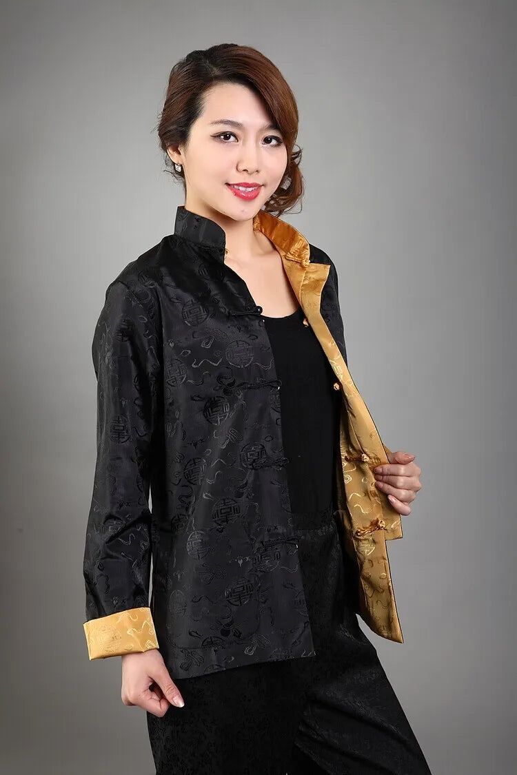 Novelty Two-side Women Jacket Coat Reversible Satin Outerwear Chinese Lady Tradi