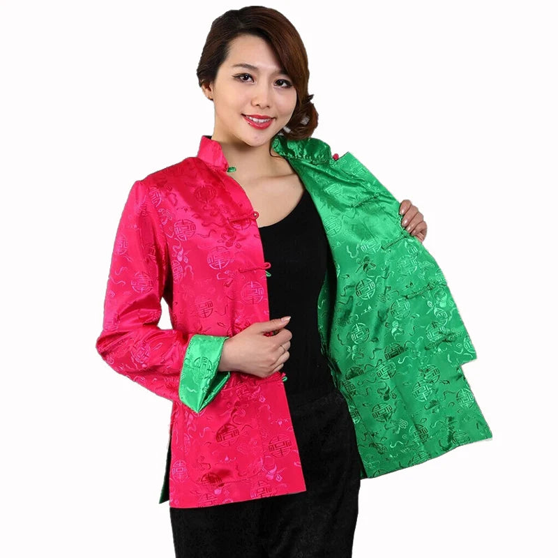 Novelty Two-side Women Jacket Coat Reversible Satin Outerwear Chinese Lady Tradi