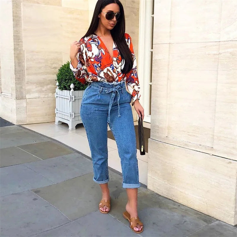 High waist pants female women 2018 new jeans women with high waist blue belted boyfriend jeans for women DD1681 S