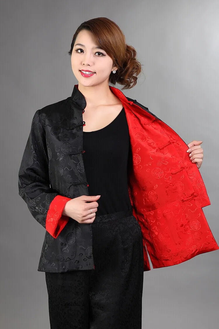 Novelty Two-side Women Jacket Coat Reversible Satin Outerwear Chinese Lady Tradi