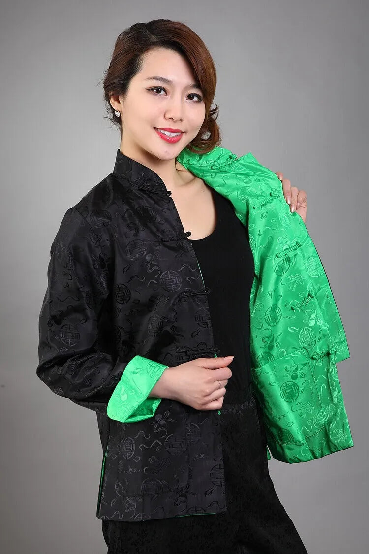 Novelty Two-side Women Jacket Coat Reversible Satin Outerwear Chinese Lady Tradi