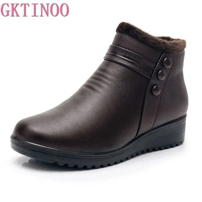 GKTINOO 2025 Women's Fashion Winter Leather Ankle Boots – Warm Plush Wedge Shoes for Moms (Big Sizes 35-41)