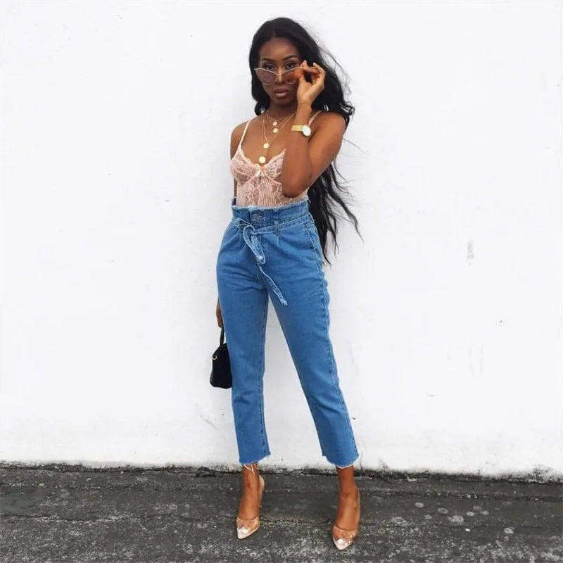 High waist pants female women 2018 new jeans women with high waist blue belted boyfriend jeans for women DD1681 S