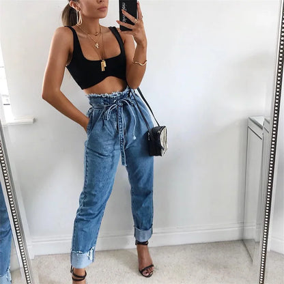 High waist pants female women 2018 new jeans women with high waist blue belted boyfriend jeans for women DD1681 S