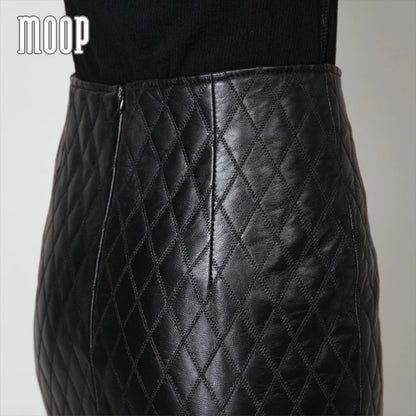 Quilted black genuine leather skirt women slim split pencil skirt faldas jupe sa