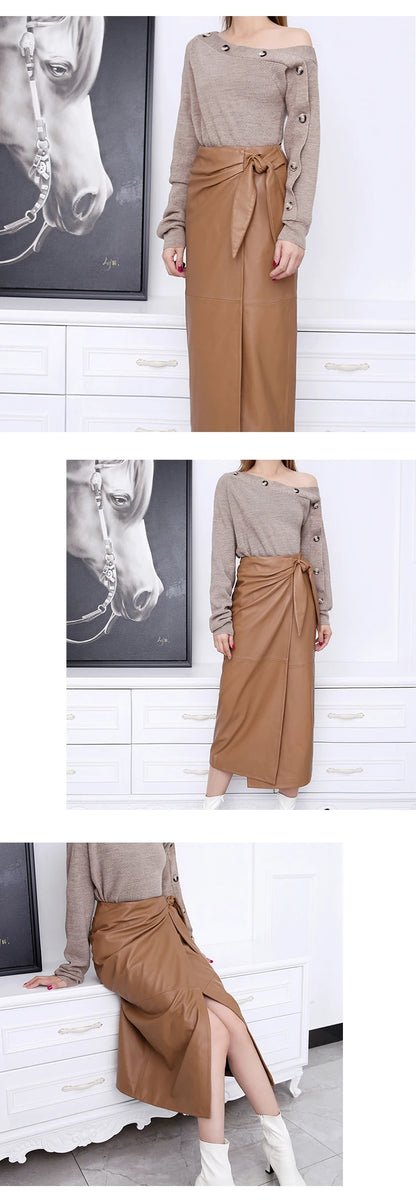 Leather Wrap Skirt Women 2024 Winter Female European Real Soft Lambskin 80 cm Lo