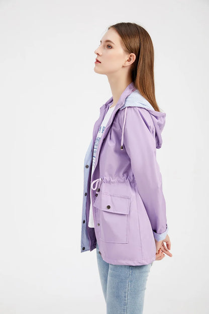 Purple Hooded Jacket for Spring 2024 Women's Office Fashion Women Outerwear Hat