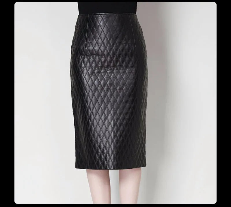 Quilted black genuine leather skirt women slim split pencil skirt faldas jupe sa