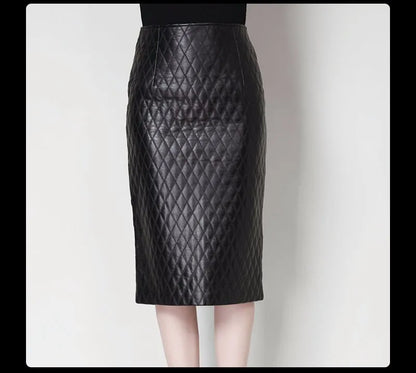 Quilted black genuine leather skirt women slim split pencil skirt faldas jupe sa