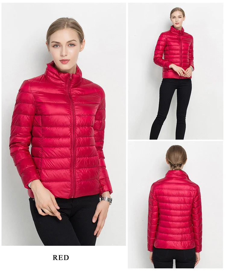 Parka para baixo empacotável feminina, jaqueta puffer empacotável, casaco casu