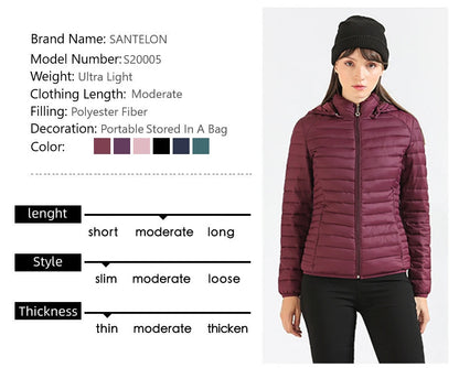 Women's Santelon Ultra-Light Quilted Jacket with Removable Hood, Outdoor Warm and Light Parka with Storage Bag