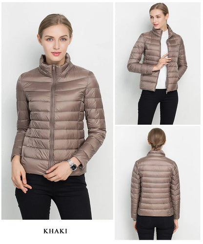 Parka para baixo empacotável feminina, jaqueta puffer empacotável, casaco casu