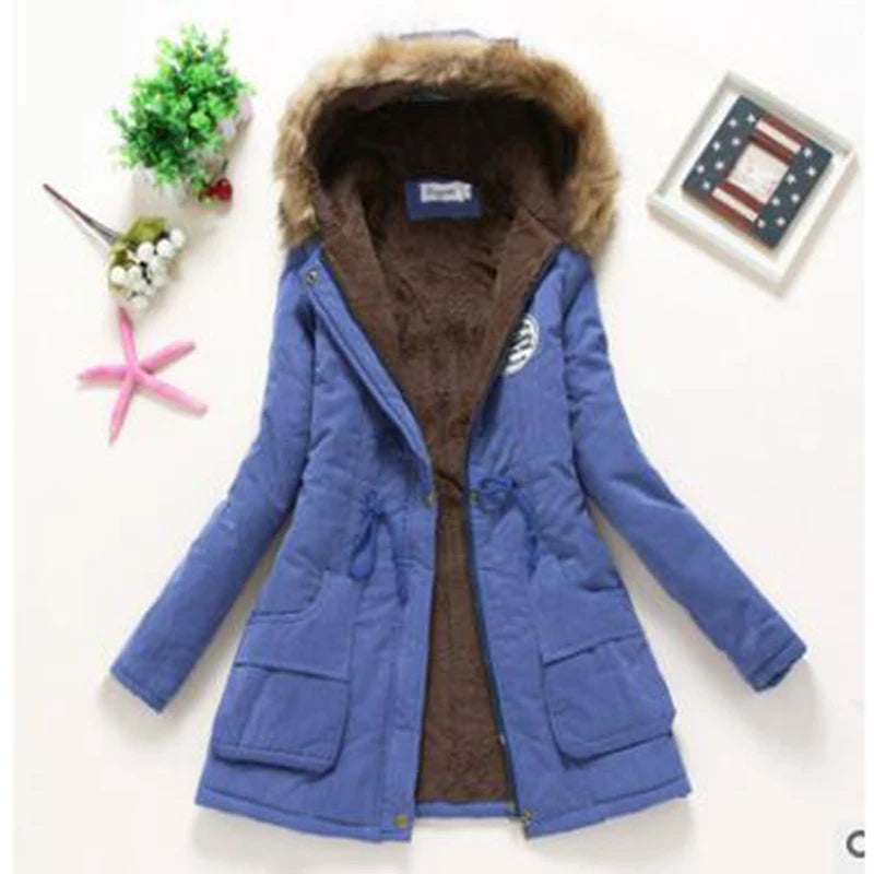 Women's Plus Size Winter Coat, Medium and Long Cotton Overcoat with 12 Colors