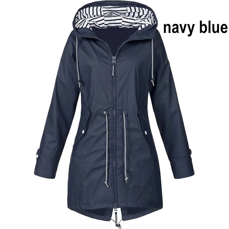 Women Waterproof Zipper Rain Jacket Solid Color Ladies Outdoor Mountaineering Li