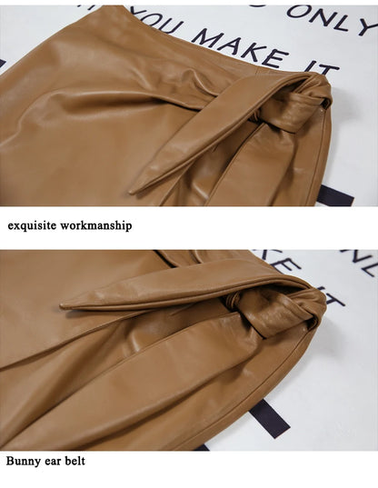 Leather Wrap Skirt Women 2024 Winter Female European Real Soft Lambskin 80 cm Lo