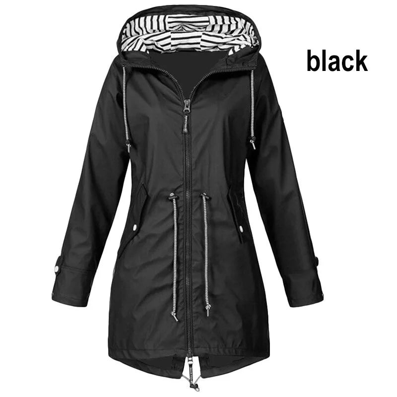 Women Waterproof Zipper Rain Jacket Solid Color Ladies Outdoor Mountaineering Li