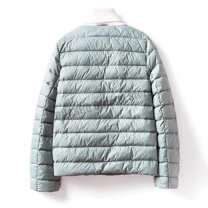 Casaco ultraleve acolchoado puffer feminino, jaqueta de pato, decote em O, decot