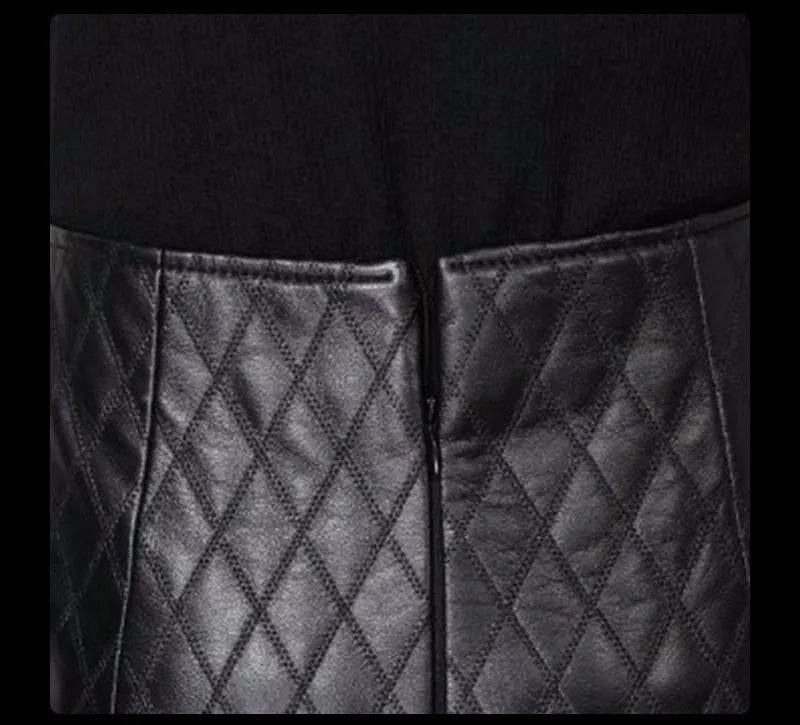 Quilted black genuine leather skirt women slim split pencil skirt faldas jupe sa