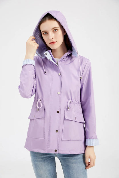 Purple Hooded Jacket for Spring 2024 Women's Office Fashion Women Outerwear Hat