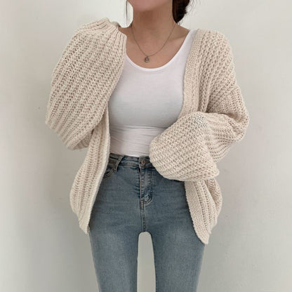 Cardigan de malha versátil casual feminino, suéter gola v, jaqueta solta, casa