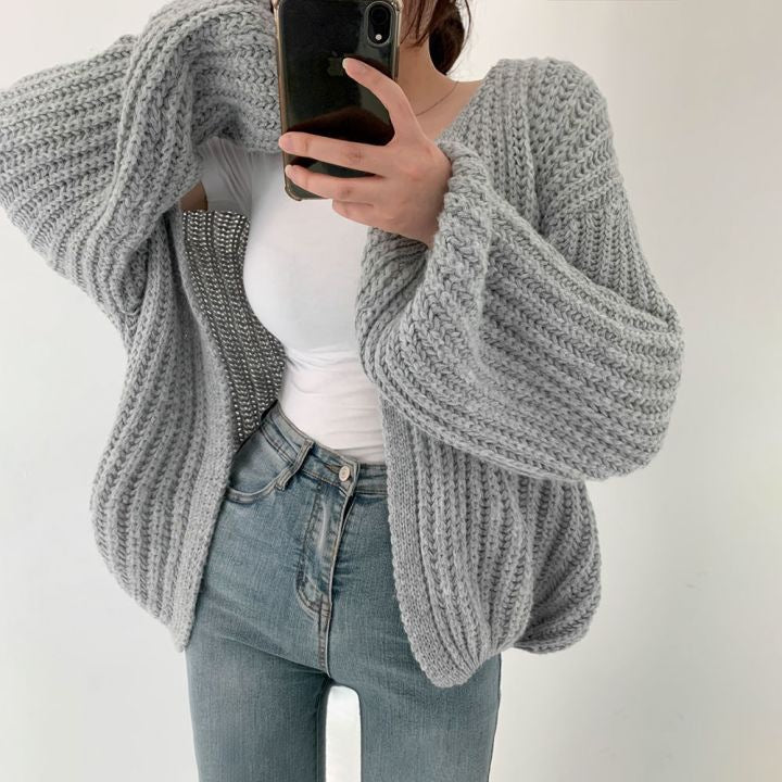 Cardigan de malha versátil casual feminino, suéter gola v, jaqueta solta, casa