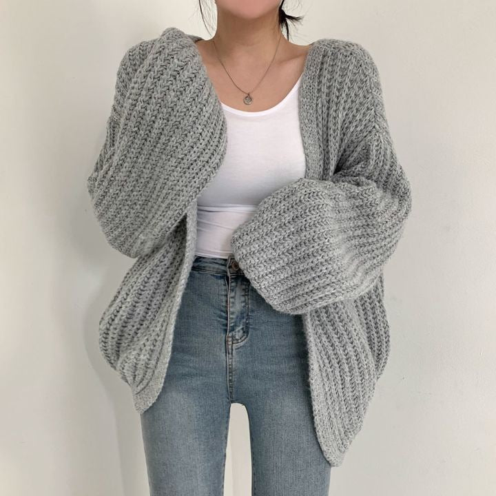 Cardigan de malha versátil casual feminino, suéter gola v, jaqueta solta, casa