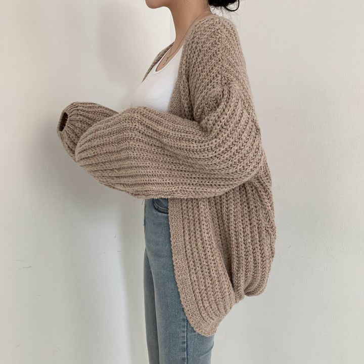 Cardigan de malha versátil casual feminino, suéter gola v, jaqueta solta, casa