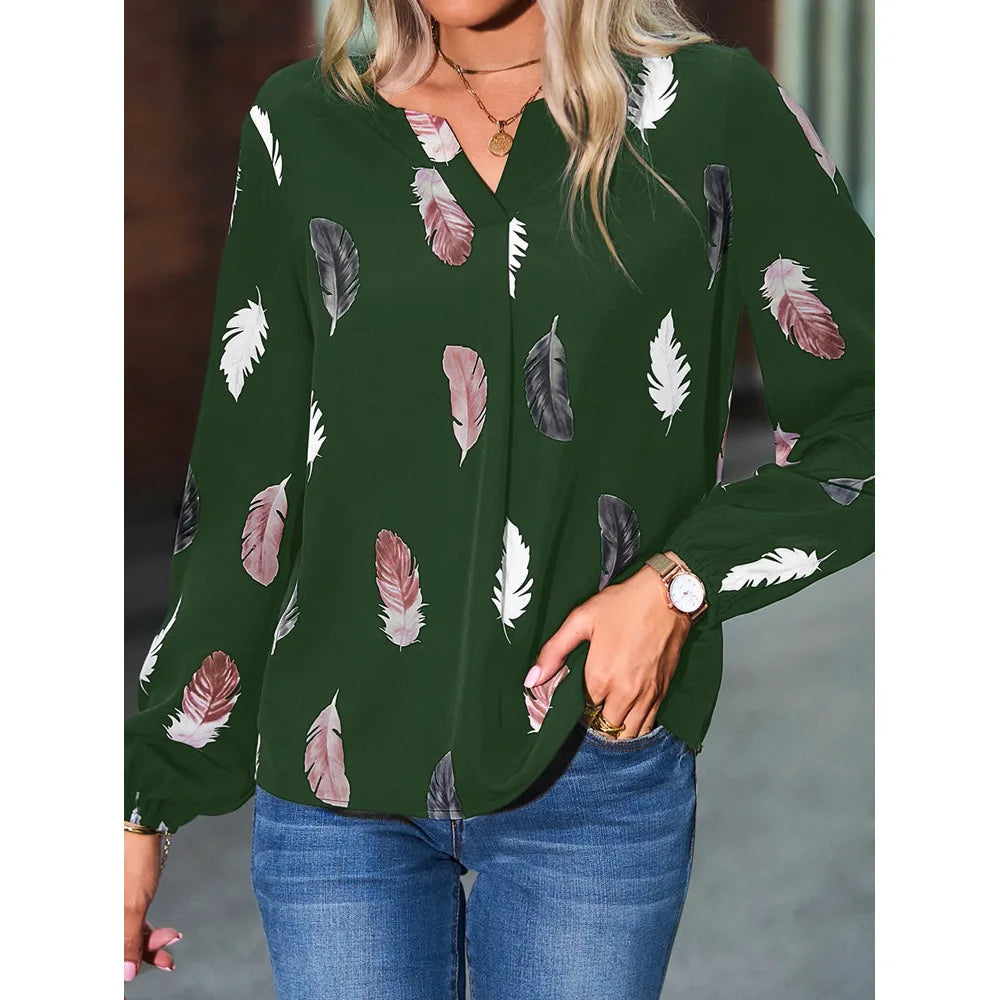 Women’s Feather-Pattern Chiffon Blouse – Elegant Long-Sleeve Fashion Top