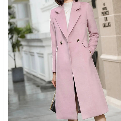 Winter Wool Blends Women's Coat Trench Pockets Solid Streetwear Lapel Coats Line