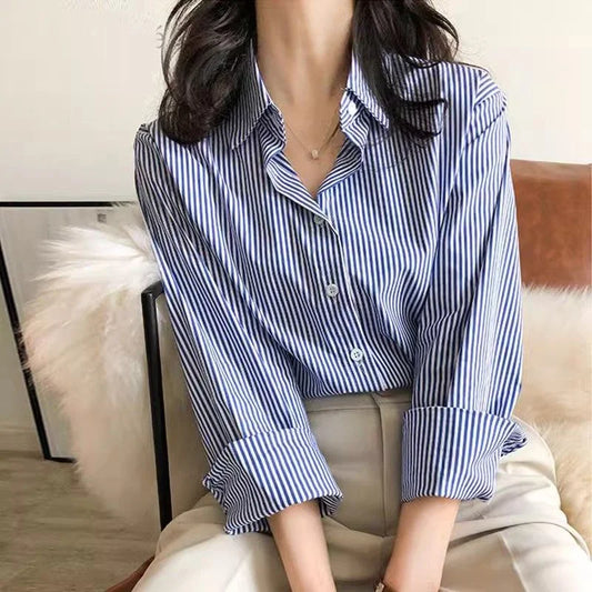 Women's Classic Striped Lantern-Sleeve Blouse – Loose-Fit Stand-Collar Top for Spring & Autumn