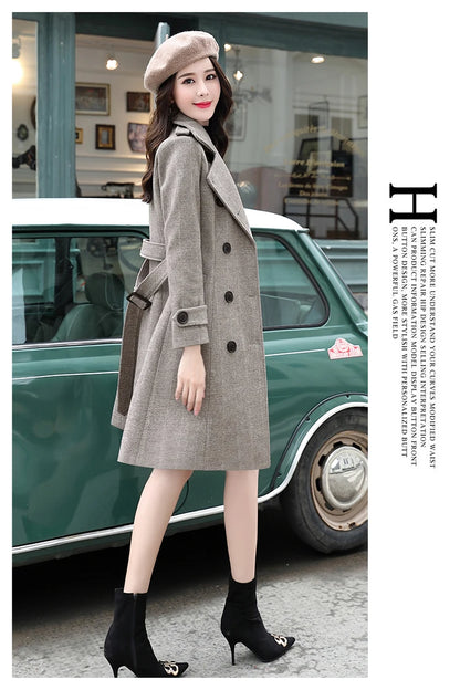 Korean Wool Blends Women Coats Lapel Double-Breasted Lined Trench Belt Ladies St