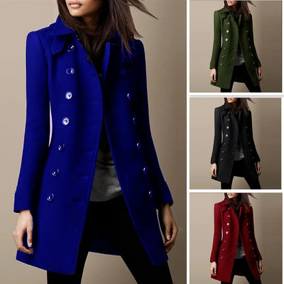 Winter Ladies Woolen Jackets Double Breasted Flap Lapel Lined Top Coat Solid Sli