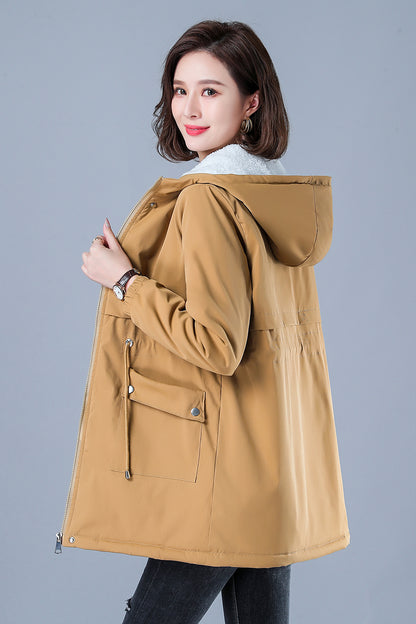 Women's Casual Cotton Parka with Fleece Lining, Hooded Trench Coat, Warm Puffer Jacket, Winter Outerwear