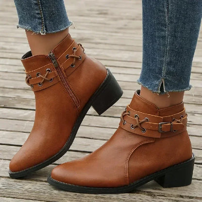 2024 Women's PU Leather Ankle Boots – New Autumn/Winter Short Booties with Side Zipper, Thick Heels & Rivet Detail (Plus Sizes Available)