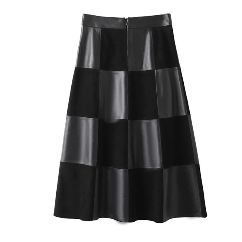 Checkered Genuine Leather Skirt for Women French Elegant Suede Leather Patchwork