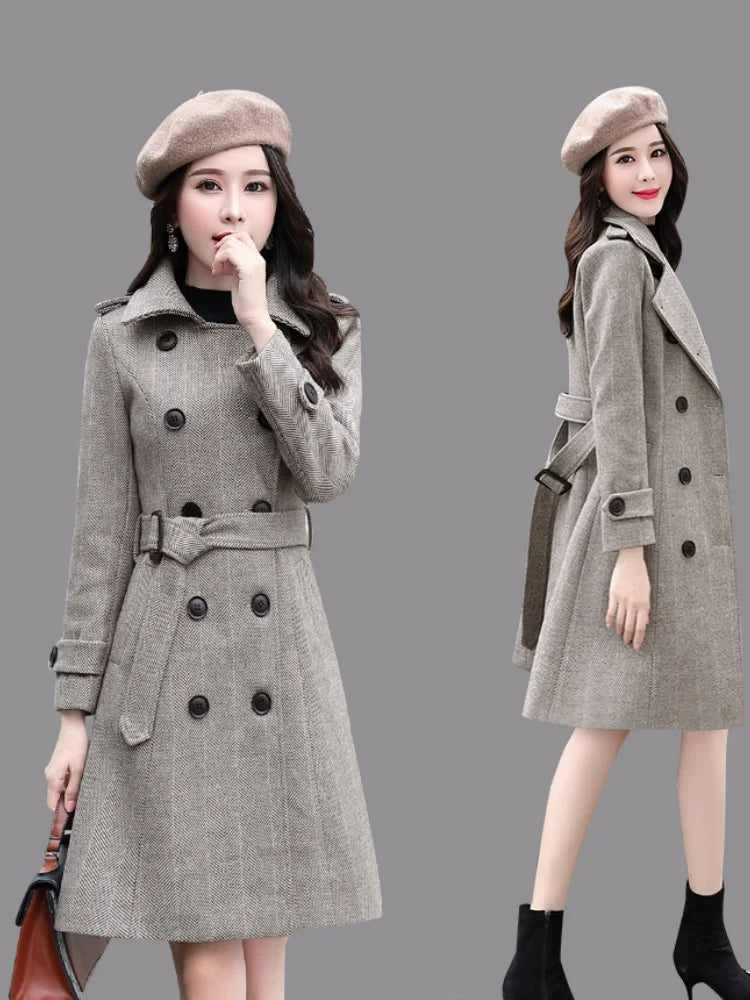 Korean Wool Blends Women Coats Lapel Double-Breasted Lined Trench Belt Ladies St