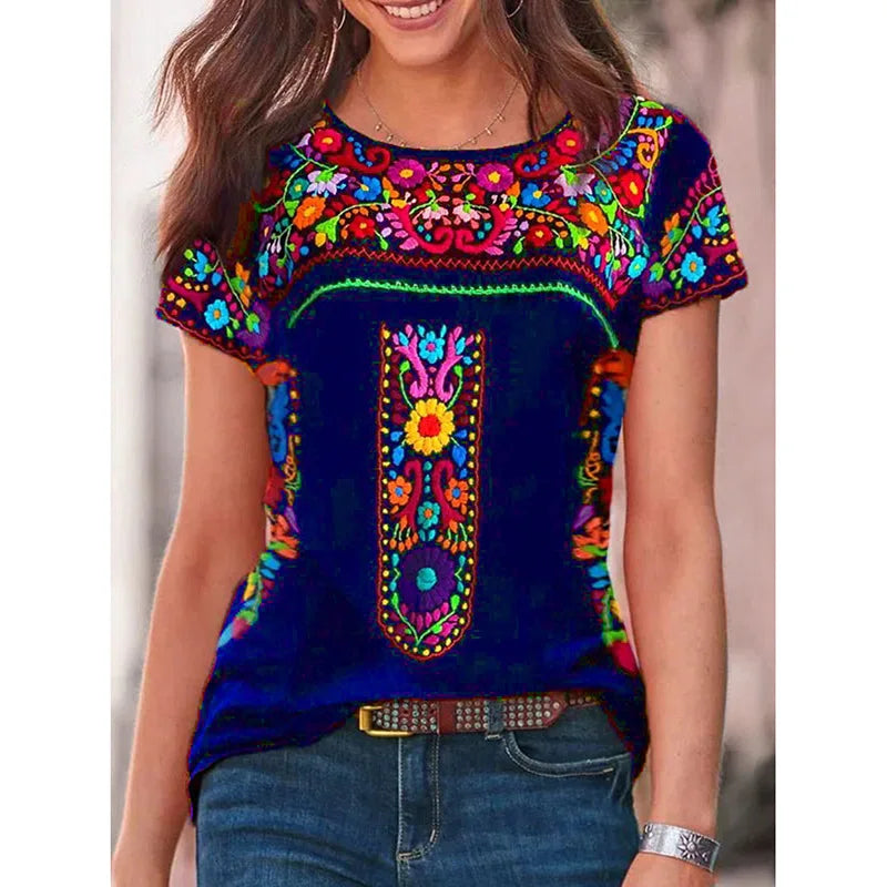 2024 Summer Women’s Bohemian Print Round Neck Short-Sleeve T-Shirt – Trendy European & American Style