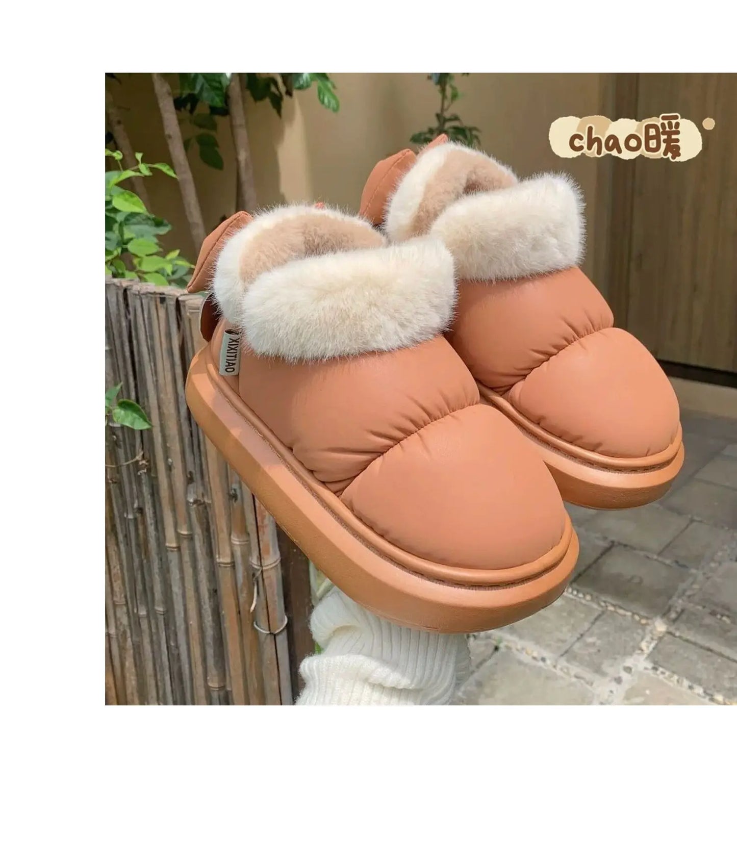 Women's Winter Bow-Knot Ankle Boots – Plush, Insulated, Waterproof PU Cotton Home Slippers